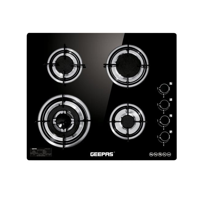 Geepas GK4410 4-Burner Gas Cooker- Size 130/100/70/50 mm Respectively - 8mm Tempered Glass Worktop, Automatic Ignition, 4 heating Zones - Stainless Steel Frame - SW1hZ2U6MTQwMjgw