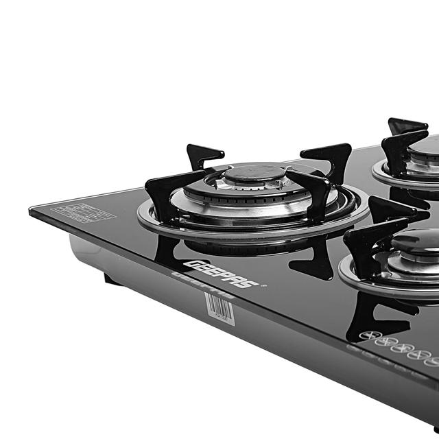 Geepas GK4410 4-Burner Gas Cooker- Size 130/100/70/50 mm Respectively - 8mm Tempered Glass Worktop, Automatic Ignition, 4 heating Zones - Stainless Steel Frame - SW1hZ2U6MTQwMjc1