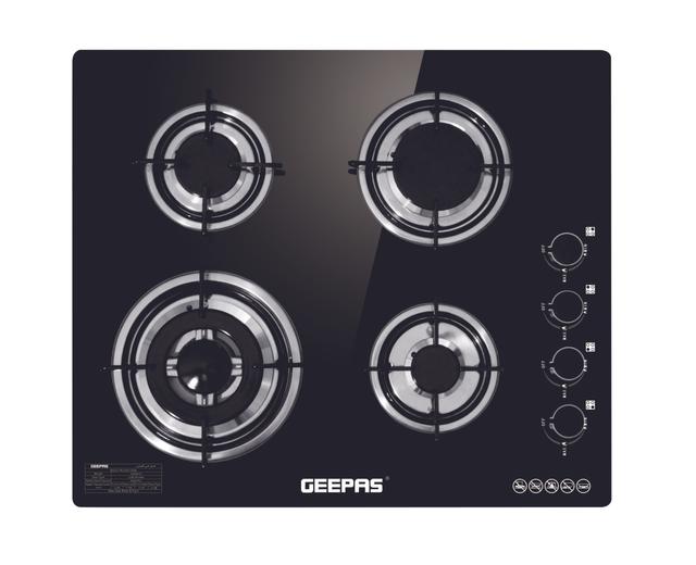 Geepas GK4410 4-Burner Gas Cooker- Size 130/100/70/50 mm Respectively - 8mm Tempered Glass Worktop, Automatic Ignition, 4 heating Zones - Stainless Steel Frame - SW1hZ2U6MTQwMjcy