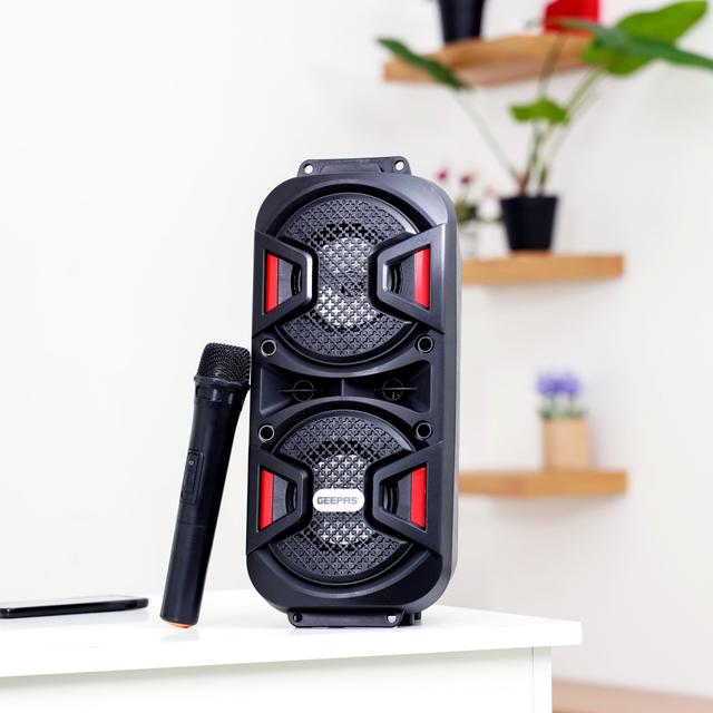 Geepas Rechargeable Portable Speaker - Portable Handle with 1500 MAH Huge Battery- TWS Connection & Compatible with BT/ USB/ AUX/ FM/ Micro SD - Ideal for Home, Hotels, Trips & Outdoor Use - SW1hZ2U6MTU0NDE1