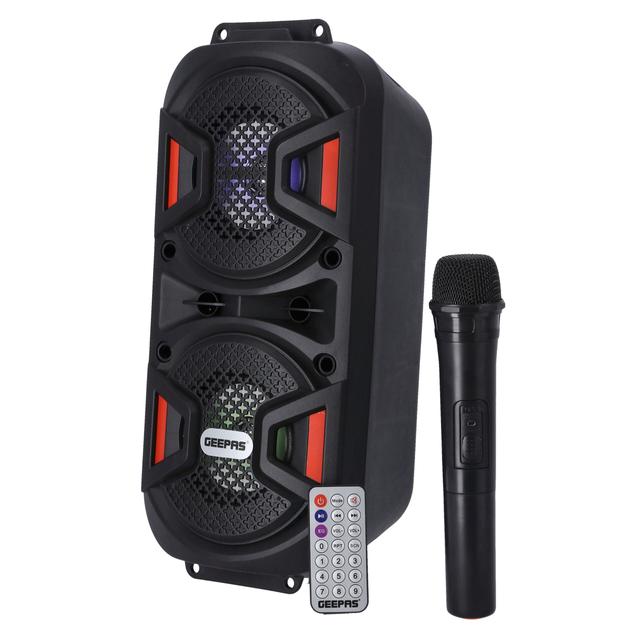 Geepas Rechargeable Portable Speaker - Portable Handle with 1500 MAH Huge Battery- TWS Connection & Compatible with BT/ USB/ AUX/ FM/ Micro SD - Ideal for Home, Hotels, Trips & Outdoor Use - SW1hZ2U6MTU0NDAz