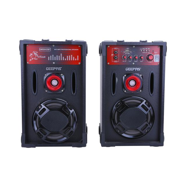 Geepas GMS8425 6.5" 2 Channel Professional Speakers - Master Volume/Bass/Treble Knob, Wireless Microphone, USD & SD Ports -Ideal for Discos, Singing, Karaoke - SW1hZ2U6MTUyMDQ3