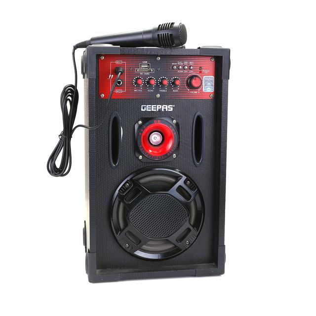 Geepas GMS8425 6.5" 2 Channel Professional Speakers - Master Volume/Bass/Treble Knob, Wireless Microphone, USD & SD Ports -Ideal for Discos, Singing, Karaoke - SW1hZ2U6MTUyMDUx