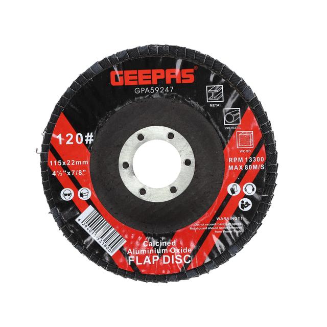 Geepas Flap Disc 115mm X 22.2 - Perfect for All 4.5" Angle Grinders, Grit P120 - 22.2mm Bore Size with Aluminium Oxide Grit - Ideal for Rust Removal & Deburring Jobs - SW1hZ2U6MTU0NjY0