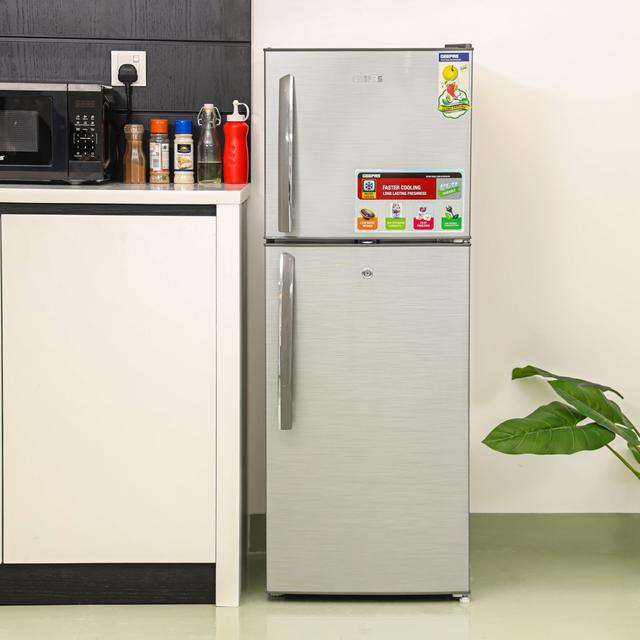 Geepas 220L Double Door Refrigerator - Free Standing Durable Double Door Refrigerator, Quick Cooling & Long-lasting Freshness, Low Noise, Low Energy Consumption, Defrost Refrigerator - 1 Year Warranty - SW1hZ2U6MTUyMTQw