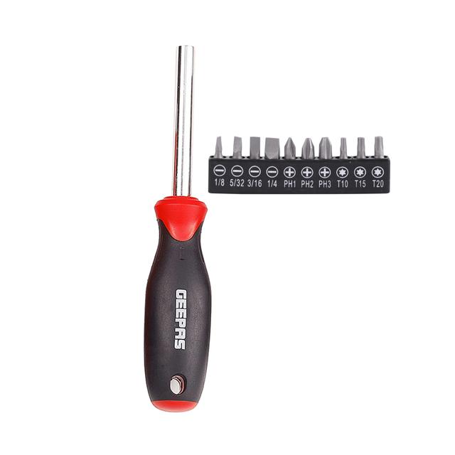 Geepas GT59025 17Pc Mini Tool Kit - General Household Hand Tool Kit - Includes Scissor, Retractable Knife, Measuring Tape, Magnetic Holder with 10 Bits, Pliers, Torpedo Level and Claw Hammer - SW1hZ2U6MTQ0OTI0