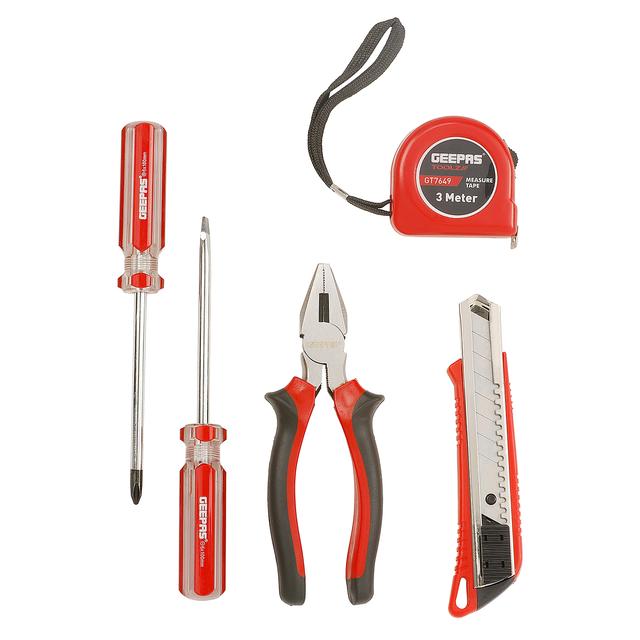 Geepas GT7649N 5-in-1 Combination Tool Set, Color Red, Includes Combination Pliers, Slot And Cross Screwdrivers, Measuring Tapeline, Utility Cutter - SW1hZ2U6MTUwNzkw