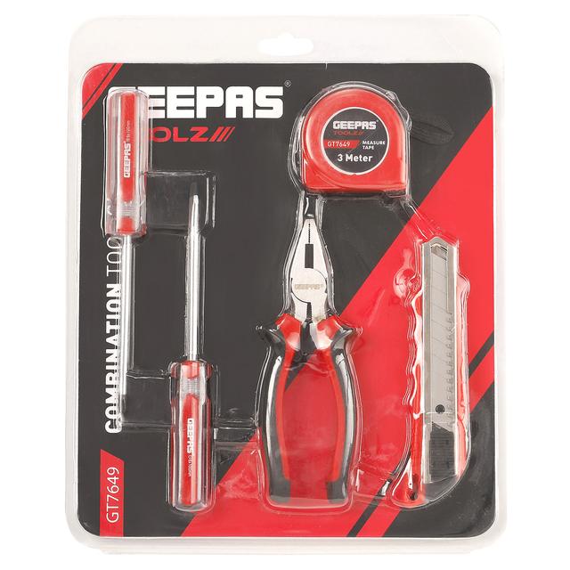 Geepas GT7649N 5-in-1 Combination Tool Set, Color Red, Includes Combination Pliers, Slot And Cross Screwdrivers, Measuring Tapeline, Utility Cutter - SW1hZ2U6MTUwNzk0