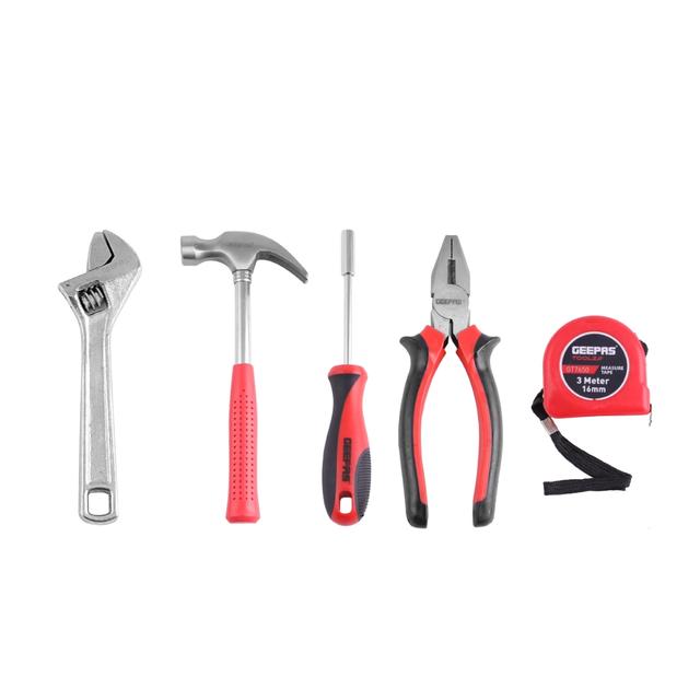 Geepas Homeowner Tool Set Bi-Coloured Red/Black-Includes Claw Hammer Adjustable Wrench Screwdriver Handle Bits Tape Measure And Combination Pliers - SW1hZ2U6MTQ2NTgz