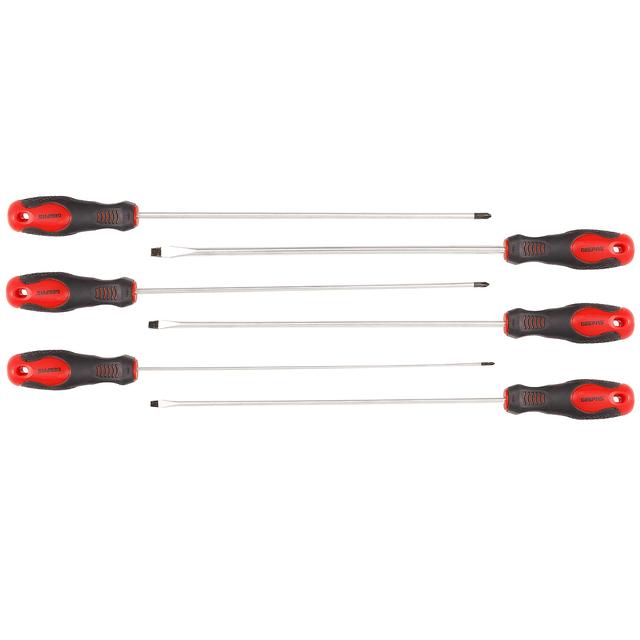 Geepas Gt7658 6 Extra Long Screwdriver Set - Three Slotted Phillips &Soft Grip Rubber Insulated Handles Repair Tool Reach General Purpose Soft-Grip & Bi-Colored Red And Black - SW1hZ2U6MTQ2NjI1