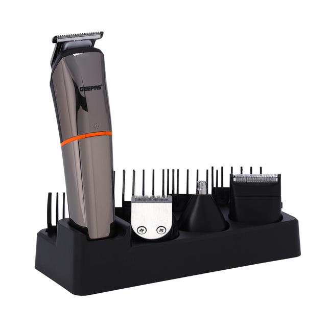 Geepas 9 in 1 Hair Trimmer 600mAh battery - Portable Cordless Hair Clippers, Grooming Kit with Stand, Digital Display - Trimming Kit with 4 Interchangeable Heads for Styling Beard - SW1hZ2U6MTUzODk1