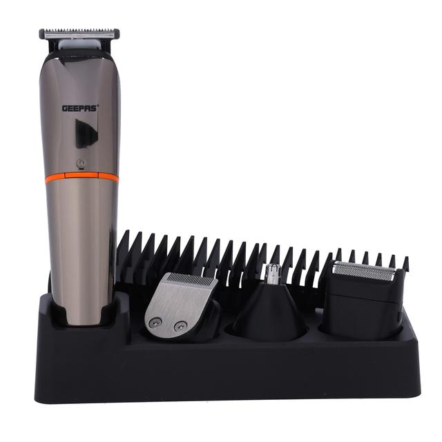 Geepas 9 in 1 Hair Trimmer 600mAh battery - Portable Cordless Hair Clippers, Grooming Kit with Stand, Digital Display - Trimming Kit with 4 Interchangeable Heads for Styling Beard - SW1hZ2U6MTUzODk5