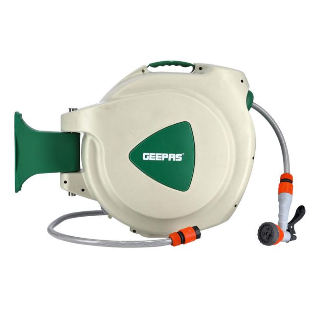 Geepas GWH59056 30M 1/2" Automatic Ready to Water Hose Reel with 180 Swivel Mounting Bracket, Lock Mechanism, Hose Fitting, Adjustable Hose Stop and More - SW1hZ2U6MTUxNjI0