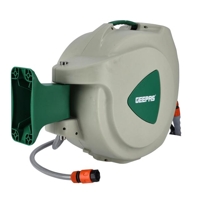 Geepas GWH59056 30M 1/2" Automatic Ready to Water Hose Reel with 180 Swivel Mounting Bracket, Lock Mechanism, Hose Fitting, Adjustable Hose Stop and More - SW1hZ2U6MTUxNjMy