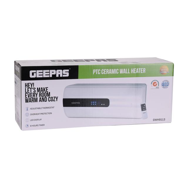 Geepas GWH9113 PTC Ceramic Wall Heater - Adjustable Thermostat with 2 Speed & Overheat Protection - 8 Hours Timer, Led Display & Remote - Ideal for Home, Shop & More - 2 Years Warranty - SW1hZ2U6MTUyNDQ5