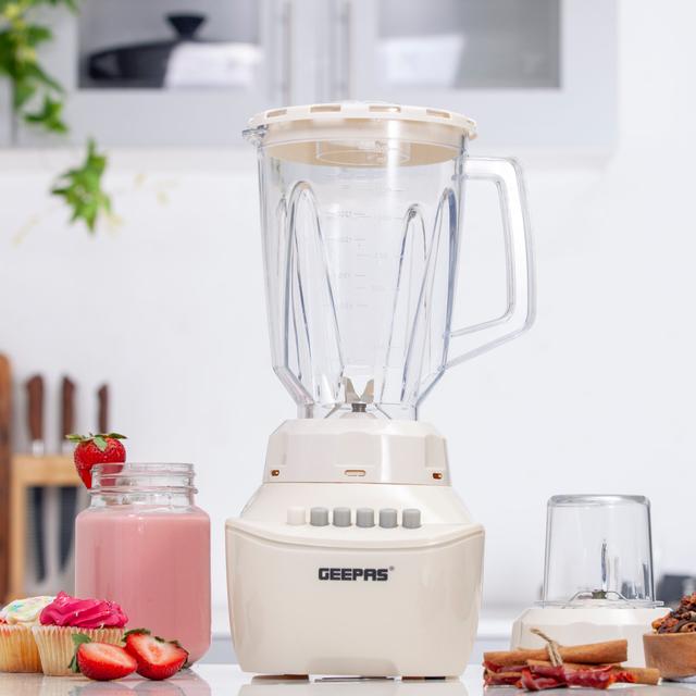 Geepas GSB5409 250W 2 in 1 Blender - Stainless Steel Blades, 4 Speed Control with Pulse - Over Heat Protection- Ice Crusher, Chopper, Coffee Grinder & More - SW1hZ2U6MTQzMzg3