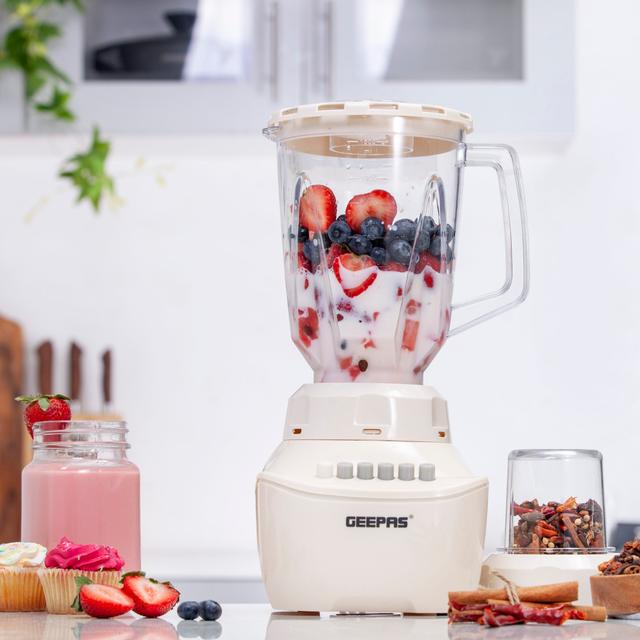 Geepas GSB5409 250W 2 in 1 Blender - Stainless Steel Blades, 4 Speed Control with Pulse - Over Heat Protection- Ice Crusher, Chopper, Coffee Grinder & More - SW1hZ2U6MTQzMzg5