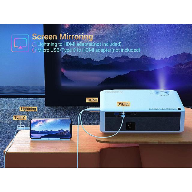 Wownect 1080 Full HD LED Projector, 6800 Lumens, Keystone Correction, Screen Size of 46â€-300â€ [ Mobile Mirroring Via HDMI Cable ] [ Perfect for Office Presentation or Home Theater Projector ] - M19 - White - SW1hZ2U6MTMzNDI3