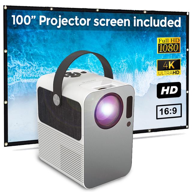 Wownect Portable Home Cinema LED Projector [Screen Size 30-120inch ] [ 150 ANSI Lumens ] With Stereo 5W Bluetooth Speaker Home Theater Projector [HD 1280*720 ] With 100" Projection Screen - White - SW1hZ2U6MTMzNzUx