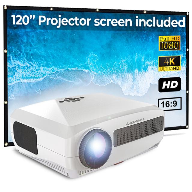 Wownect 1080p Full HD LED Android Projector [2GB RAM 16GB ROM] [250 ANSI / 5500Lumens] WiFi Video Projector 4K with Screen 60-200" [ Support Airplay, MiraCast ] Included 120" Projection Screen - White - SW1hZ2U6MTMzNTgy