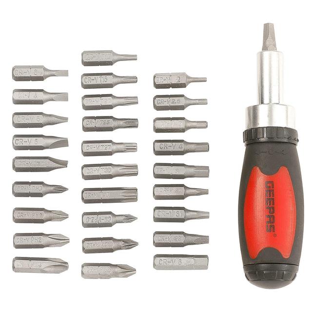 Geepas Gt7655 Stubby Ratcheting Screwdriver Kit With 29 Pcs Set | Excellent Tool For Small And Significant Tasks High Torque Ratchet Handle Portable Pozidriv Phillips Torx Hex Slotted Square Bits - SW1hZ2U6MTQ2NjA4