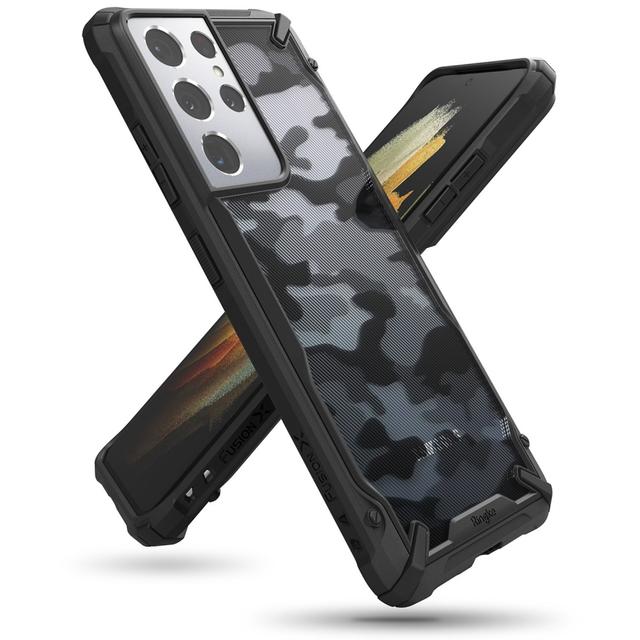 Ringke Compatible with Samsung Galaxy S21 Ultra Cover Hard Fusion-X Ergonomic Transparent Shock Absorption TPU Bumper [ Designed Case for Galaxy S21 Ultra ] - Camo Black - Camo Black - SW1hZ2U6MTMyNzY4