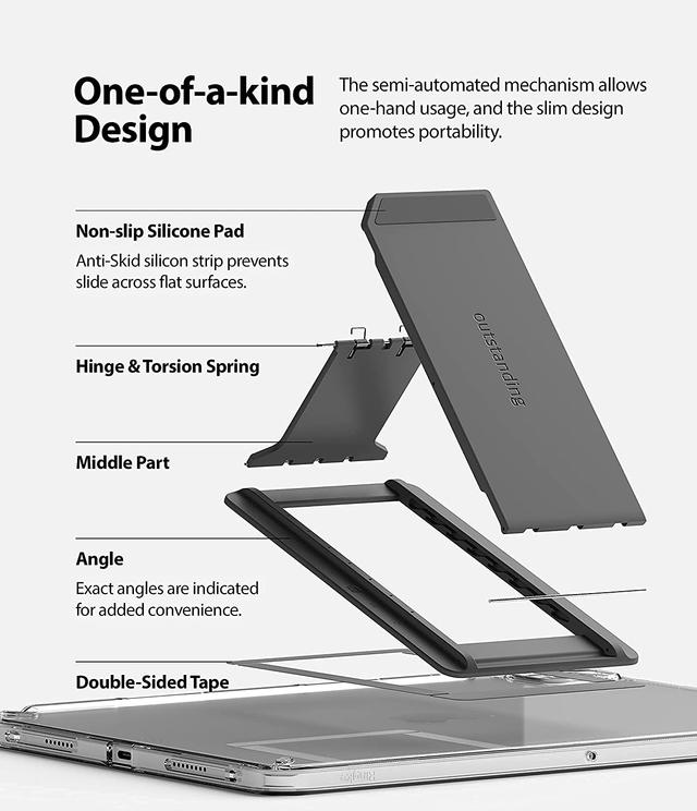Ringke Outstanding Universal Tablet Stand Spring-Action Kickstand Multi Angle Adhesive Attachment for iPad Tablets, E-Reader, and More - Dark Grey - Dark Grey - SW1hZ2U6MTI4NDk3