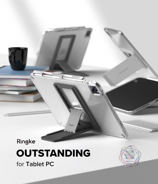 Ringke Outstanding Universal Tablet Stand Spring-Action Kickstand Multi Angle Adhesive Attachment for iPad Tablets, E-Reader, and More - Light Grey - Light Grey - SW1hZ2U6MTI4NDc0