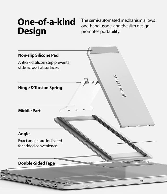 Ringke Outstanding Universal Tablet Stand Spring-Action Kickstand Multi Angle Adhesive Attachment for iPad Tablets, E-Reader, and More - Light Grey - Light Grey - SW1hZ2U6MTI4NDgw