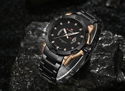 Naviforce 9085 Men's Military Stainless Steel Analog Quartz Watch with Calendar Display - Black, Gold - Black - SW1hZ2U6MTIxMjc3