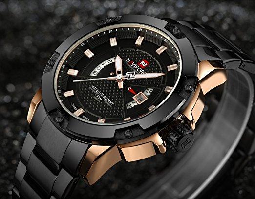 Naviforce 9085 Men's Military Stainless Steel Analog Quartz Watch with Calendar Display - Black, Gold - Black - SW1hZ2U6MTIxMjgx