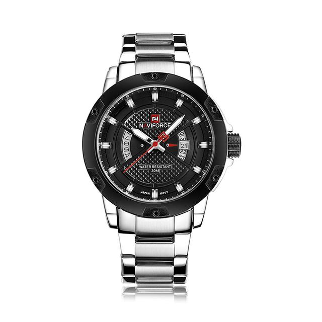 Naviforce 9085 Men's Military Stainless Steel Analog Quartz Watch with Calendar Display - Silver, Black - Silver - SW1hZ2U6MTIxMjMx