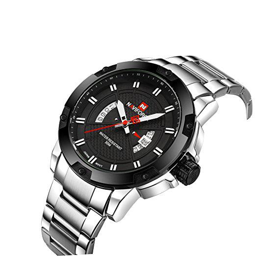 Naviforce 9085 Men's Military Stainless Steel Analog Quartz Watch with Calendar Display - Silver, Black - Silver - SW1hZ2U6MTIxMjM1