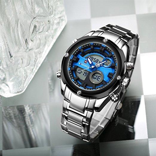 Naviforce 9088 Analog-Digital Sports Watch Leather Band Dual Movement WristWatch - Silver, Blue - Blue - SW1hZ2U6MTIxMzcy