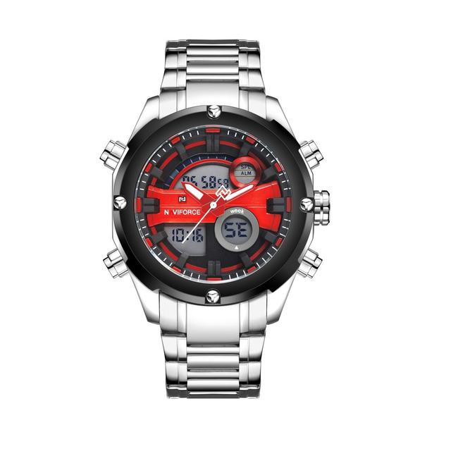Naviforce 9088 Analog-Digital Sports Watch Leather Band Dual Movement WristWatch - Silver, Red - Red - SW1hZ2U6MTIxMzYz