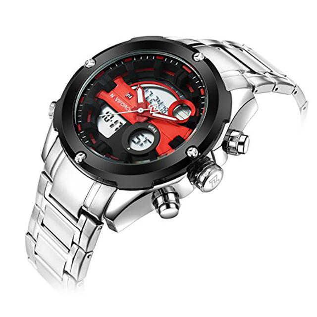Naviforce 9088 Analog-Digital Sports Watch Leather Band Dual Movement WristWatch - Silver, Red - Red - SW1hZ2U6MTIxMzY3