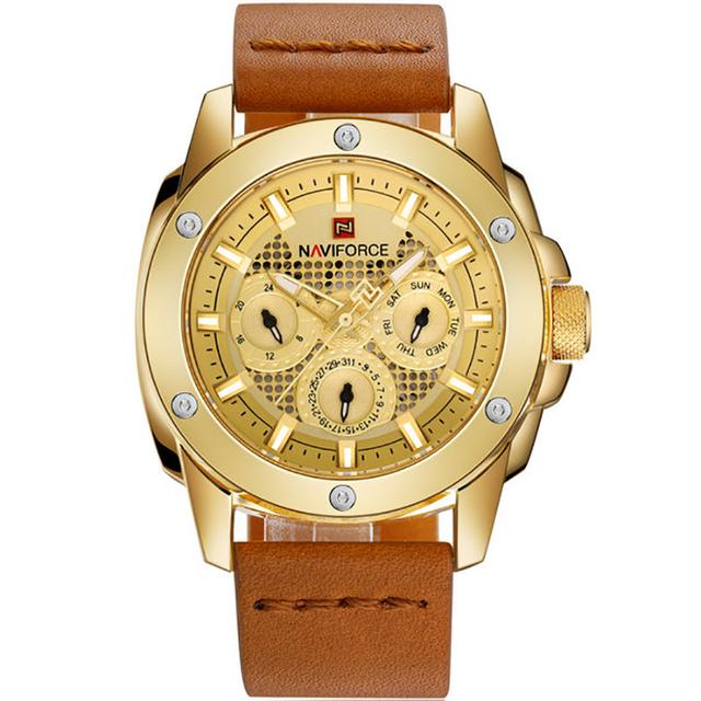 Naviforce 9116 Analog Men's Watch With Leather Strap and Calendar Display - Black, Gold - Gold - SW1hZ2U6MTIxMzA5