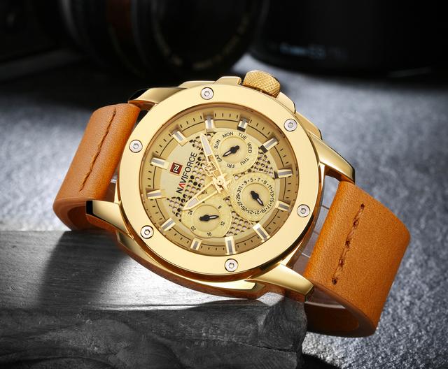 Naviforce 9116 Analog Men's Watch With Leather Strap and Calendar Display - Black, Gold - Gold - SW1hZ2U6MTIxMzE1