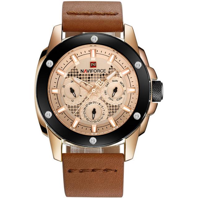 Naviforce 9116 Analog Men's Watch With Leather Strap and Calendar Display - Rose Gold - Rose Gold - SW1hZ2U6MTIxMzE4