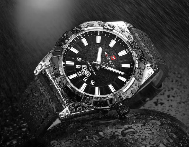 Naviforce 9118 Analog leather Men's Waterproof Sport Watch with Date and Day Display - Black, Silver - Black - SW1hZ2U6MTIxMzQ1