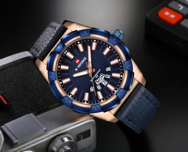 Naviforce 9118 Analog leather Men's Waterproof Sport Watch with Date and Day Display - Dark Blue - Dark Blue - SW1hZ2U6MTIxMjE3