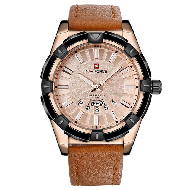 Naviforce 9118 Analog leather Men's Waterproof Sport Watch with Date and Day Display - Rose Gold - Rose Gold - SW1hZ2U6MTIxMzI5