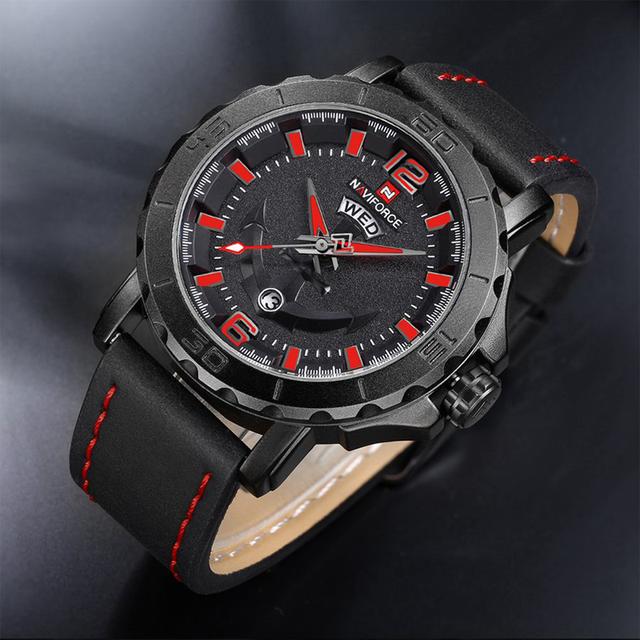 Naviforce NF9122 Men's Watch Leather Strap Calendar Display Male Quartz Watch - Red - Red - SW1hZ2U6MTIxMzU0