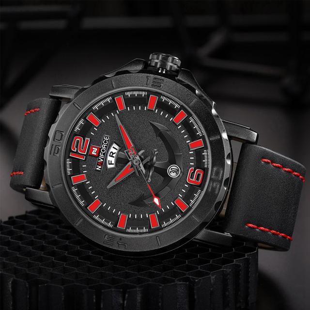 Naviforce NF9122 Men's Watch Leather Strap Calendar Display Male Quartz Watch - Red - Red - SW1hZ2U6MTIxMzU2