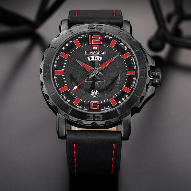 Naviforce NF9122 Men's Watch Leather Strap Calendar Display Male Quartz Watch - Red - Red - SW1hZ2U6MTIxMzYw
