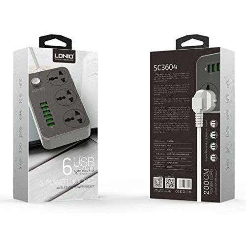 موزع كهربائي مع منافذ متعددة الأشكال Ldnio 6 USB Port & 3 Adaptors Safety Socket Extension - SW1hZ2U6MjAzOTA0