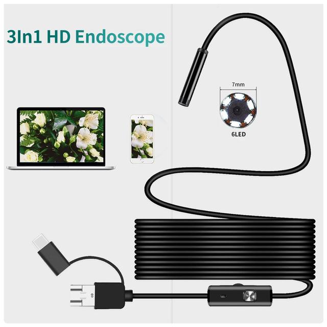 Generic USB Endoscope 3-in-1 Borescopes Inspection Camera IP67 Waterproof Snake Camera with 6 Adjustable LED Lights for Type-C & Android & PC - SW1hZ2U6MjMwMTk0