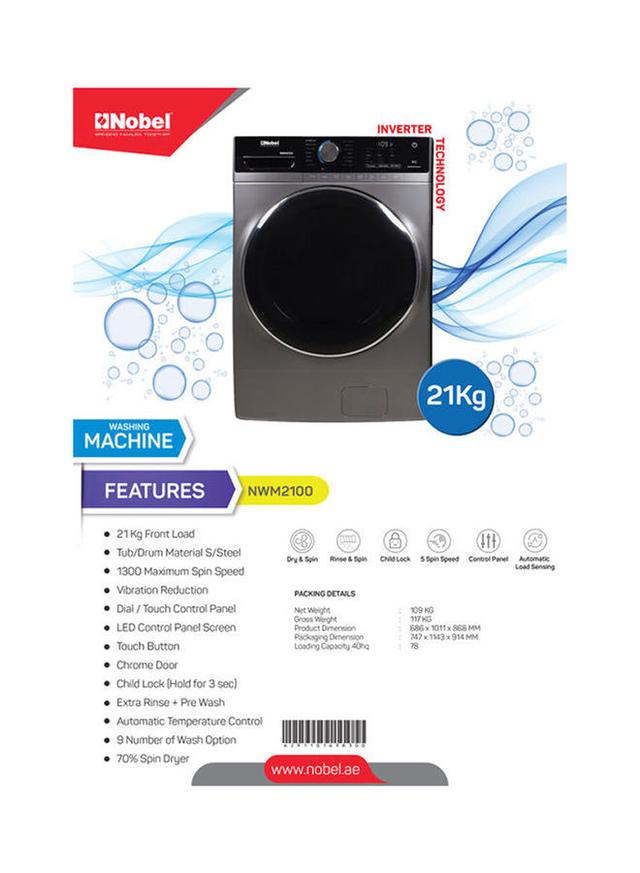 NOBEL Inverter Technology Front Load Silver Washing Machine 21 kg NWM2100 Gray - SW1hZ2U6MjM3OTEz
