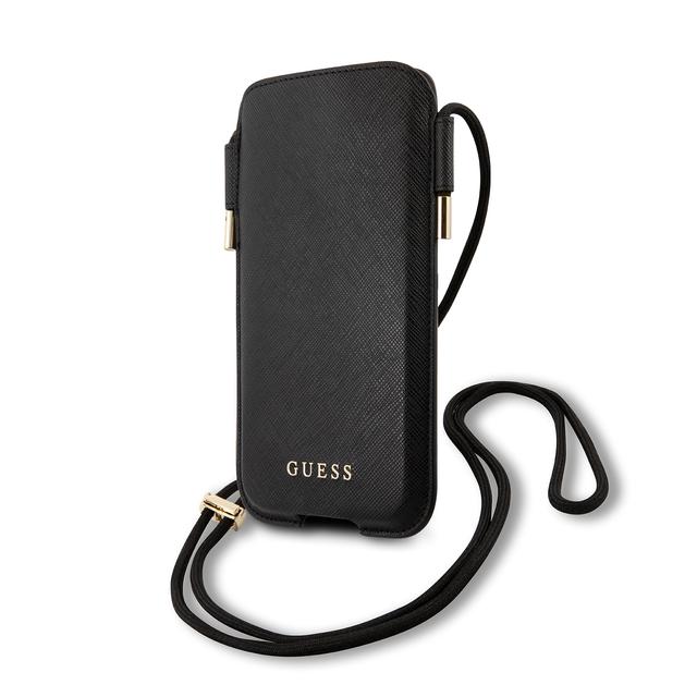 Guess Saffiano Classic Pouch Case with Cord for iPhone 12 / 12 Pro ( 6.1" ) - Black - SW1hZ2U6MzExMjI2