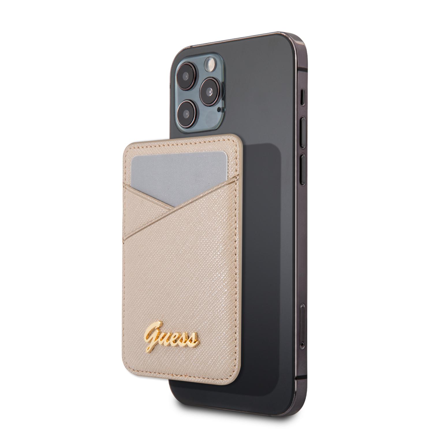 محفظة ايفون مفناطيسية - ذهبي Guess - Script Wallet Cardslot with Magsafe for Iphone 12 /12 Mini /12 Pro /12 Pro Max
